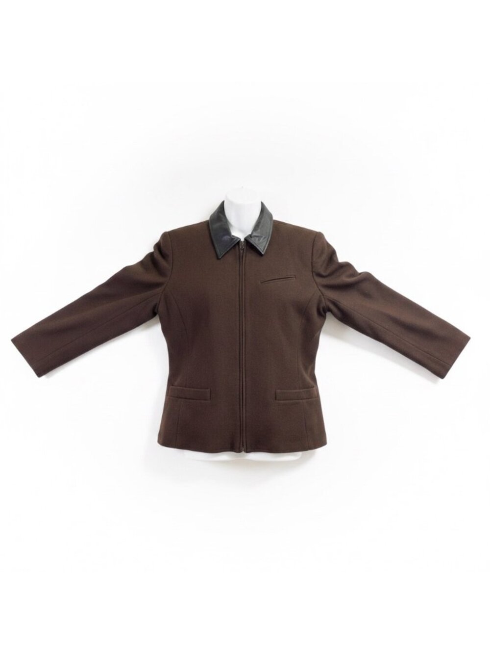 New Frontier Women’s Brown Wool Jacket Leather Trim Zip Front Vintage Size L
